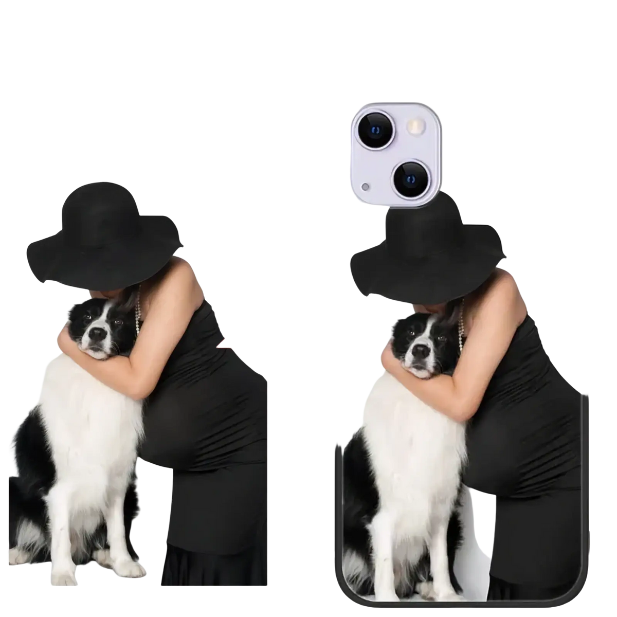 Black custom photo iphone case personalized glass cover showing the back with a woman in a black hat hugging a dog