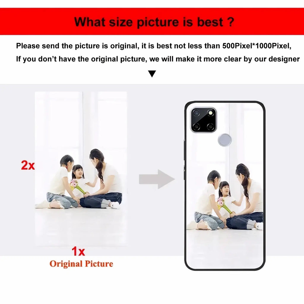 Black custom photo iphone case with personalized glass back featuring family sitting with child holding flowers