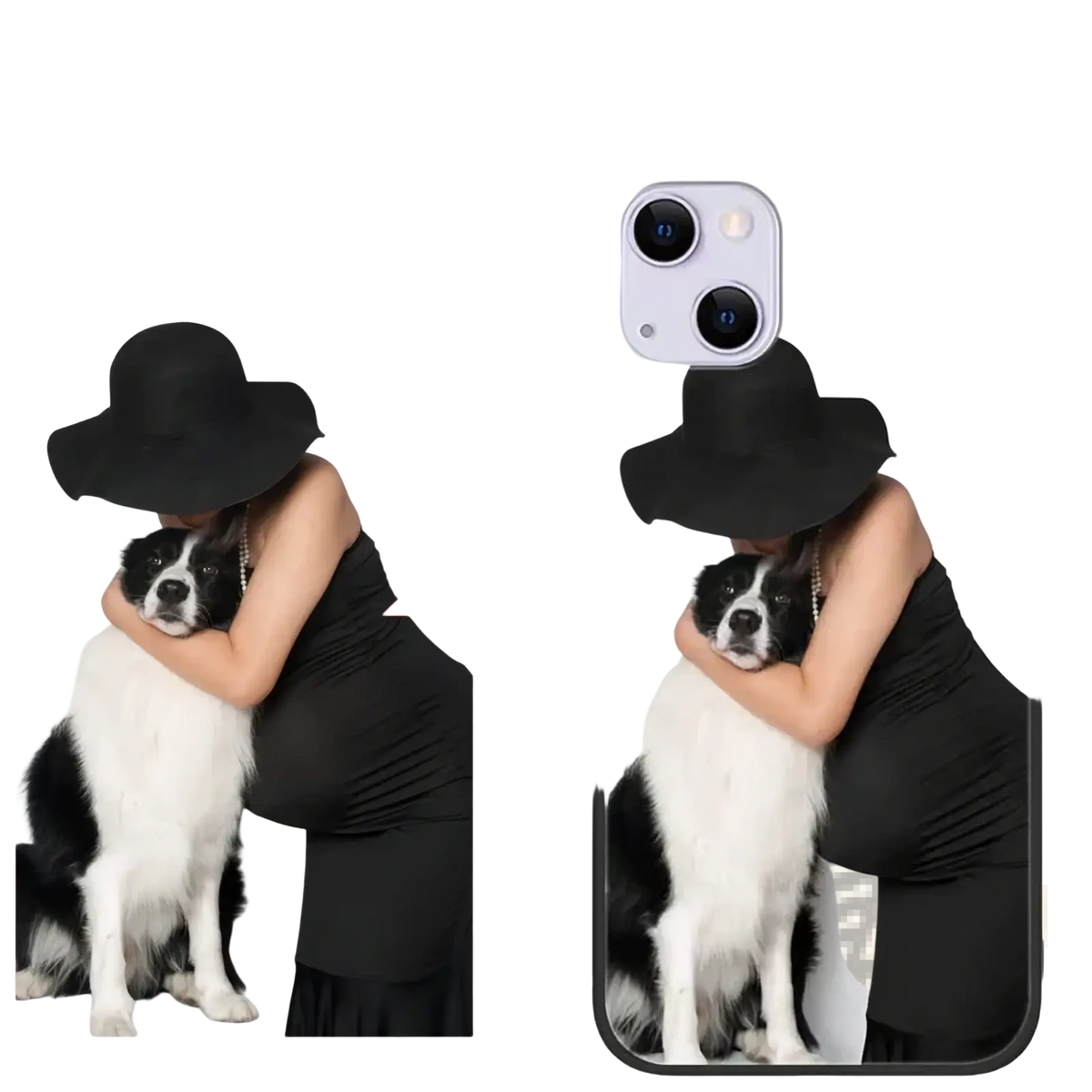 Black custom photo iphone case personalized glass cover showing the back with a woman in a black hat hugging a dog