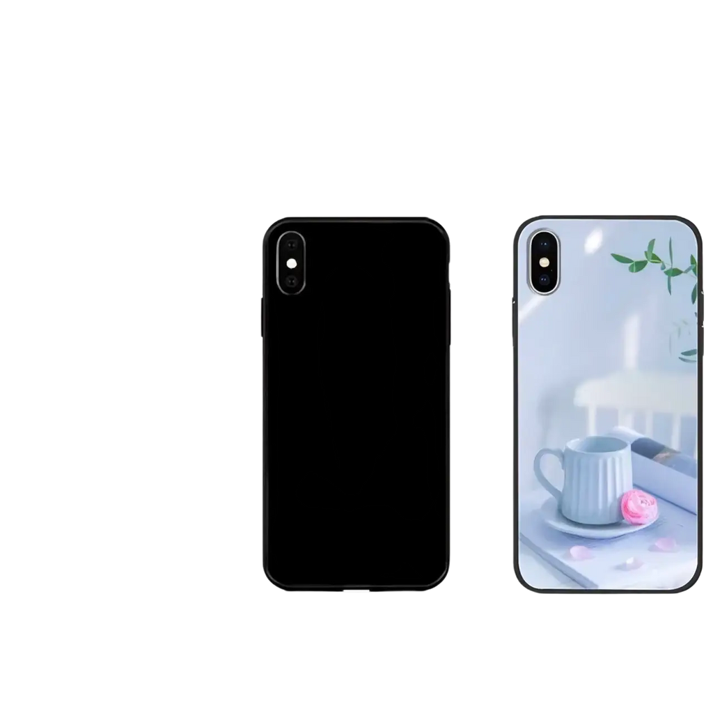 Custom photo iphone case featuring a black tpu back with a light blue teacup and pink pastry printed design