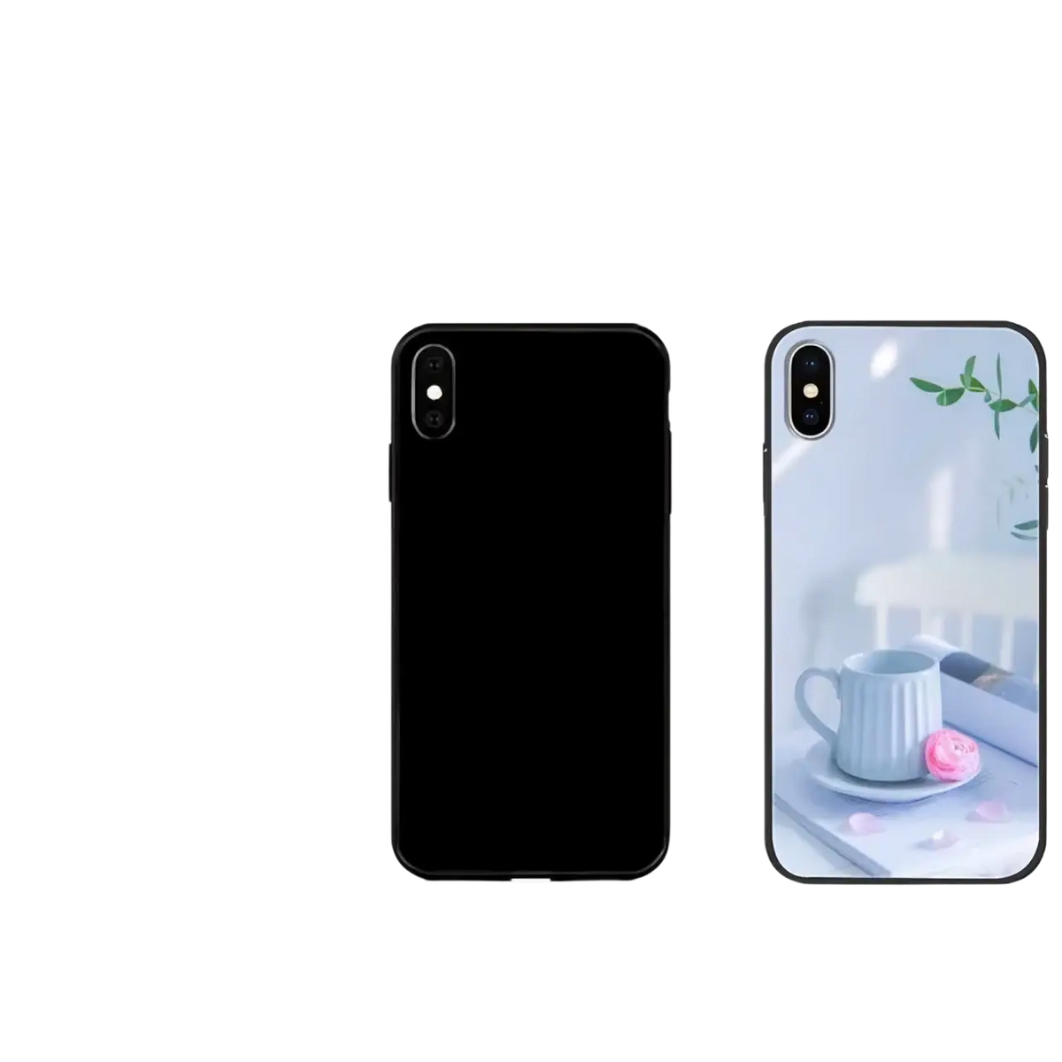 Custom photo iphone case featuring a black tpu back with a light blue teacup and pink pastry printed design