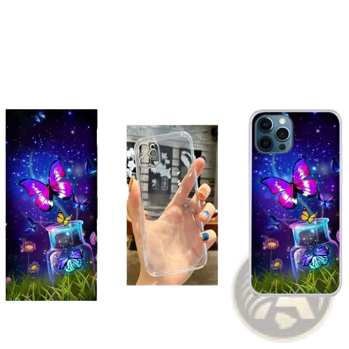Custom photo iPhone case featuring a clear TPU back with vibrant purple and blue cosmic butterfly design and glowing jar motif