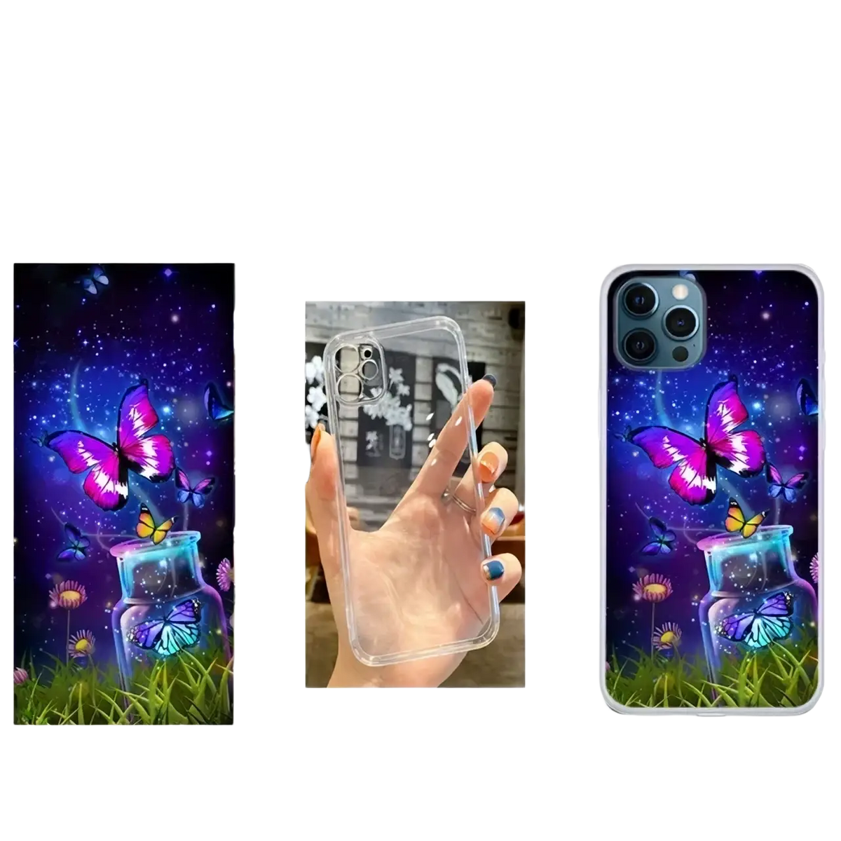 Custom photo iPhone case featuring a clear TPU back with vibrant purple and blue cosmic butterfly design and glowing jar motif