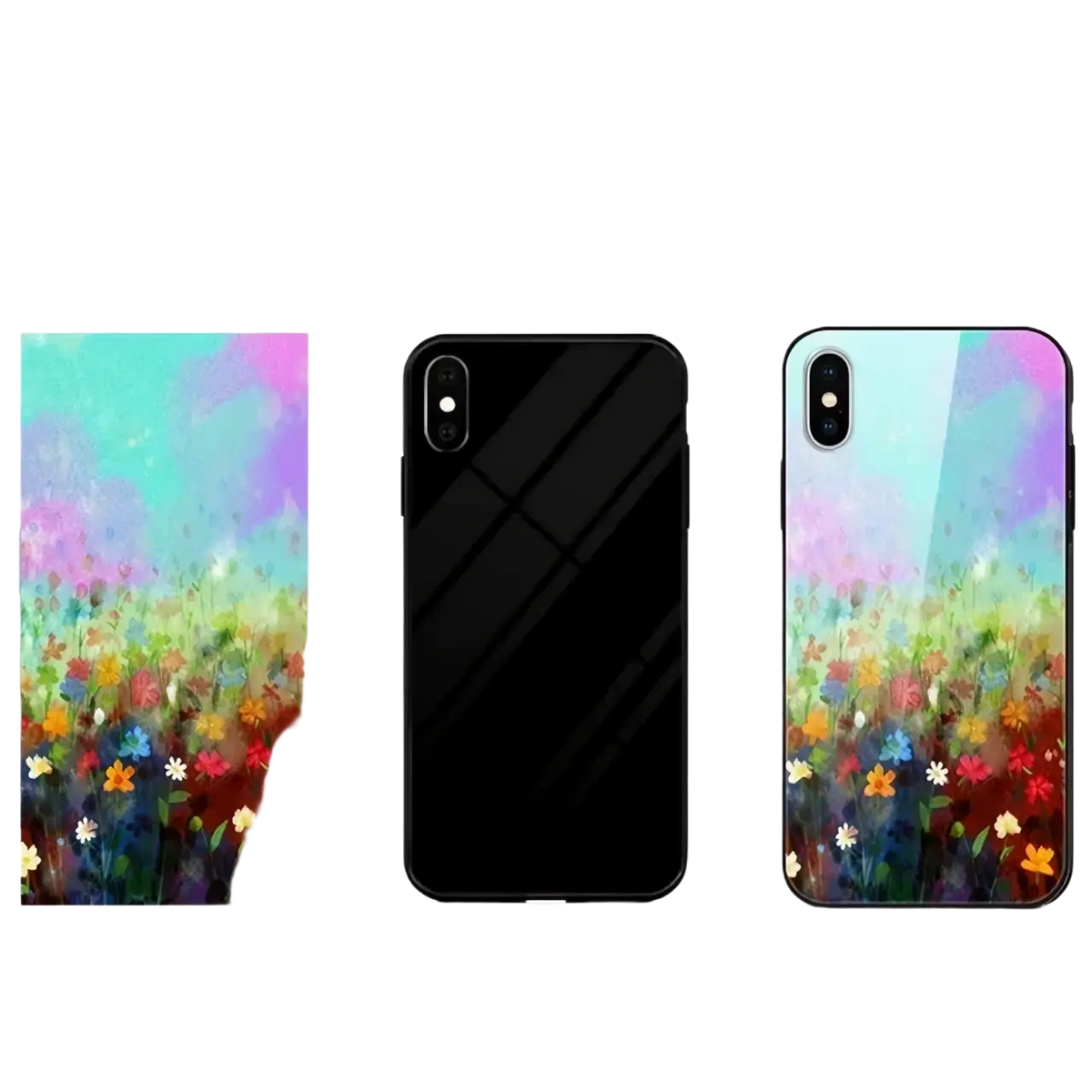 Custom photo iphone case personalized glass cover showing the back with vibrant abstract floral design in pastel and bold colors