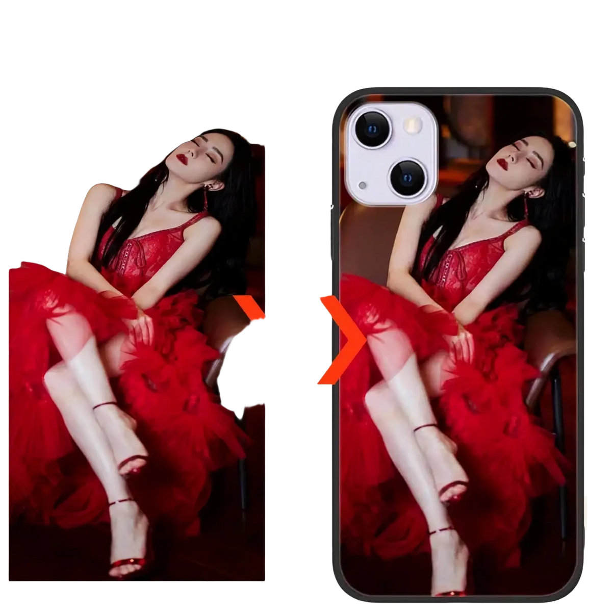 Custom photo iphone case with a personalized glass cover featuring a woman in a vibrant red lace dress on the back side