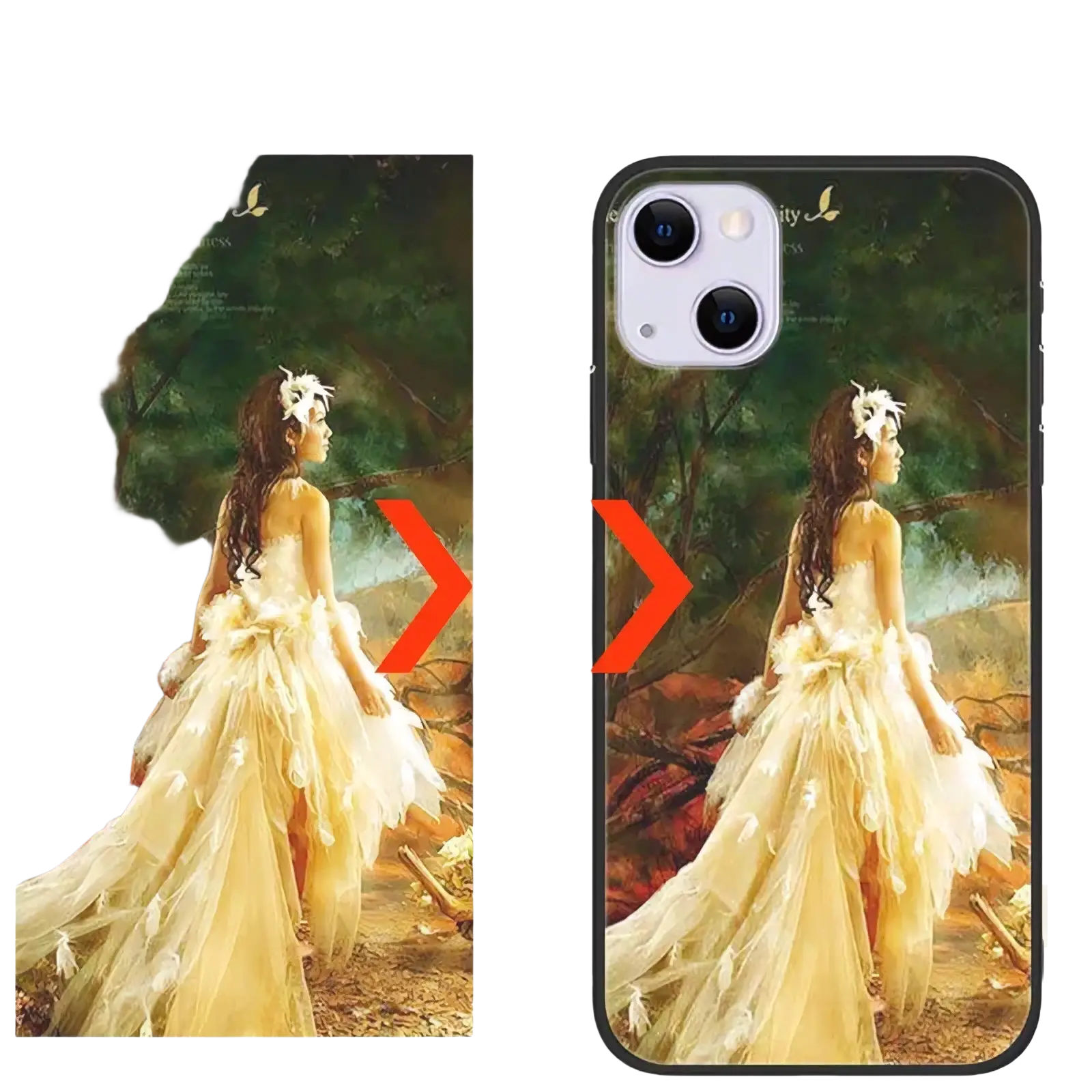 Custom photo iphone case personalized glass cover showing the back side with a woman in a cream gown with feathers and flowers