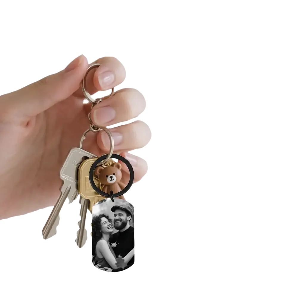 Custom photo keychain for couples featuring a black and white image on stainless steel dog tag with bear charm