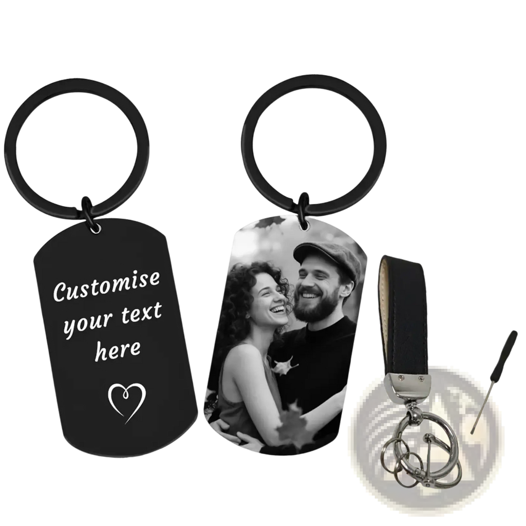 Black metal dog tag keychain with customizable text heart design featuring black and white photo of smiling couple
