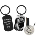 Black metal dog tag keychain with customizable text heart design featuring black and white photo of smiling couple