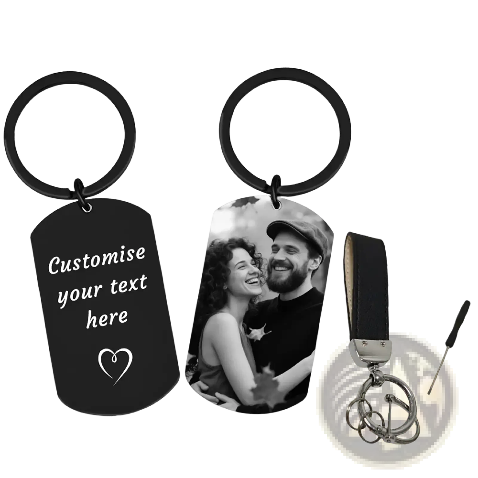 Black metal dog tag keychain with customizable text heart design featuring black and white photo of smiling couple