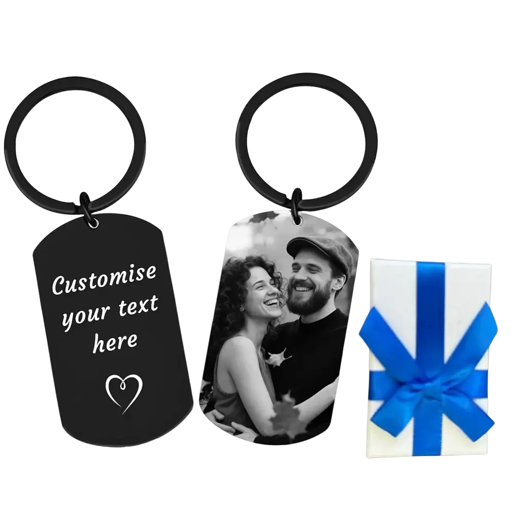 Custom photo keychain for couples with black metal dog tag featuring a heart design and a black and white couple photo