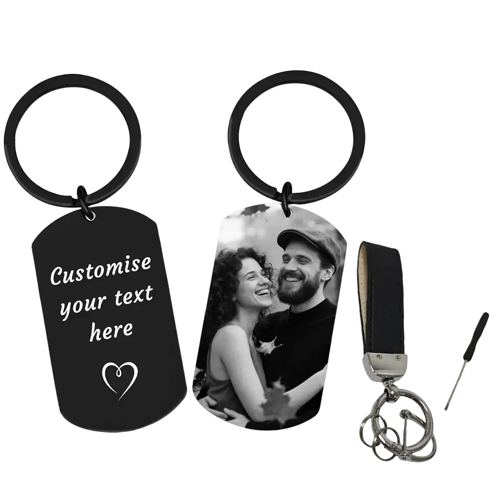 Black metal dog tag keychain with customizable text heart design featuring black and white photo of smiling couple