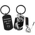 Black metal dog tag keychain with customizable text heart design featuring black and white photo of smiling couple