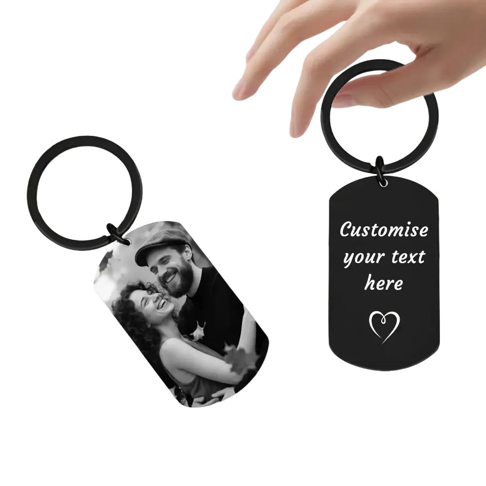 Black metal dog tag keychain with customizable photo or text engraving for couples gift