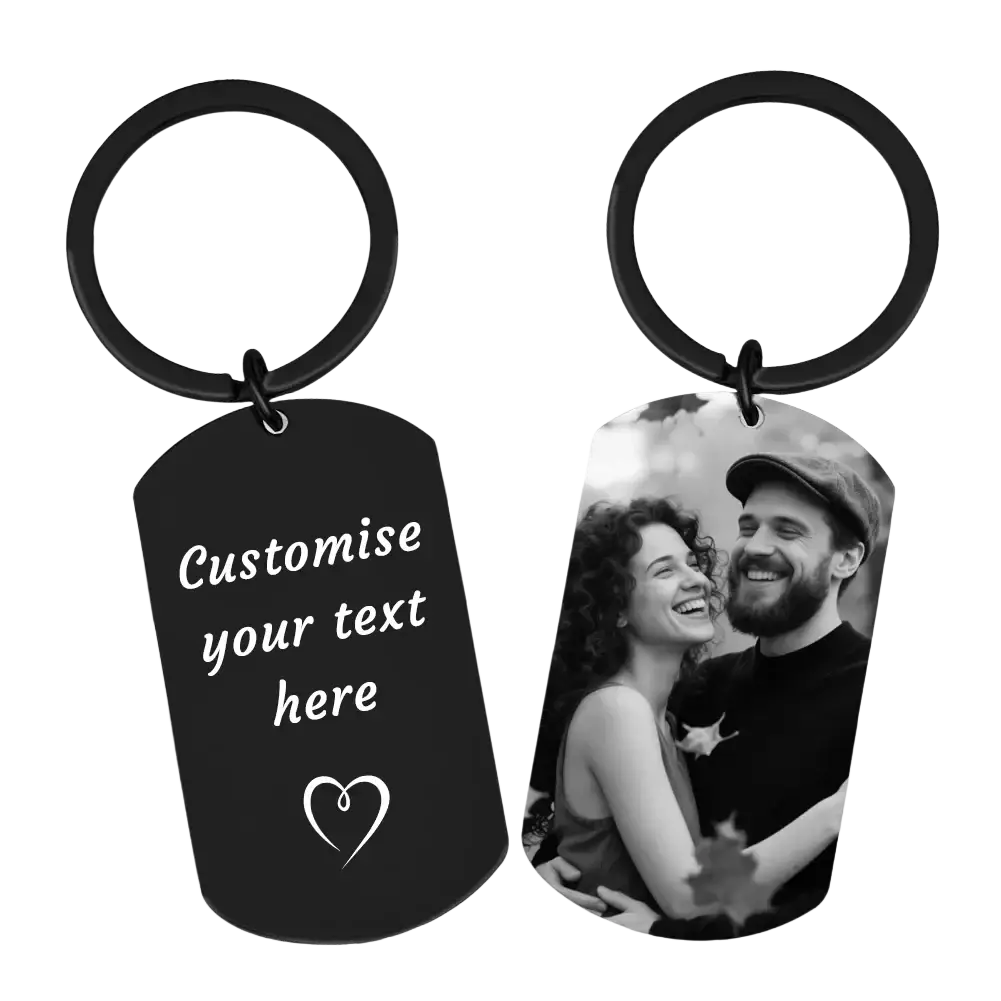 Custom photo keychain for couples black metal dog tag with personalized text and heart on one side and photo on the other