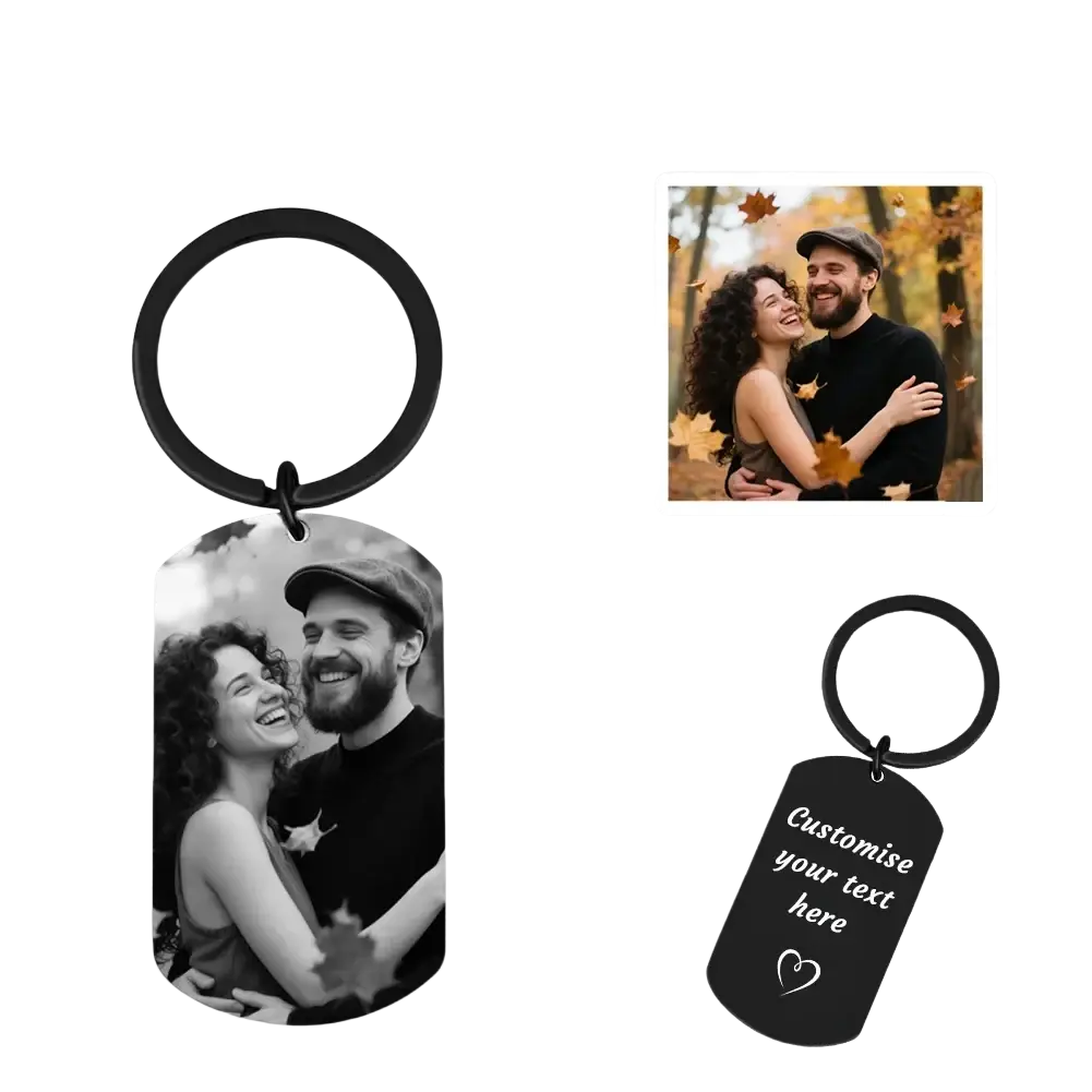 Black metal dog tag keychain with personalized photo and engraved text for couples custom photo keychain
