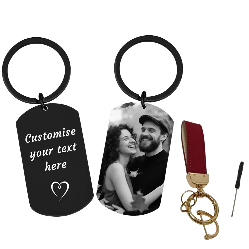 Black metal dog tag keychain with customizable text heart design and black and white photo for couples