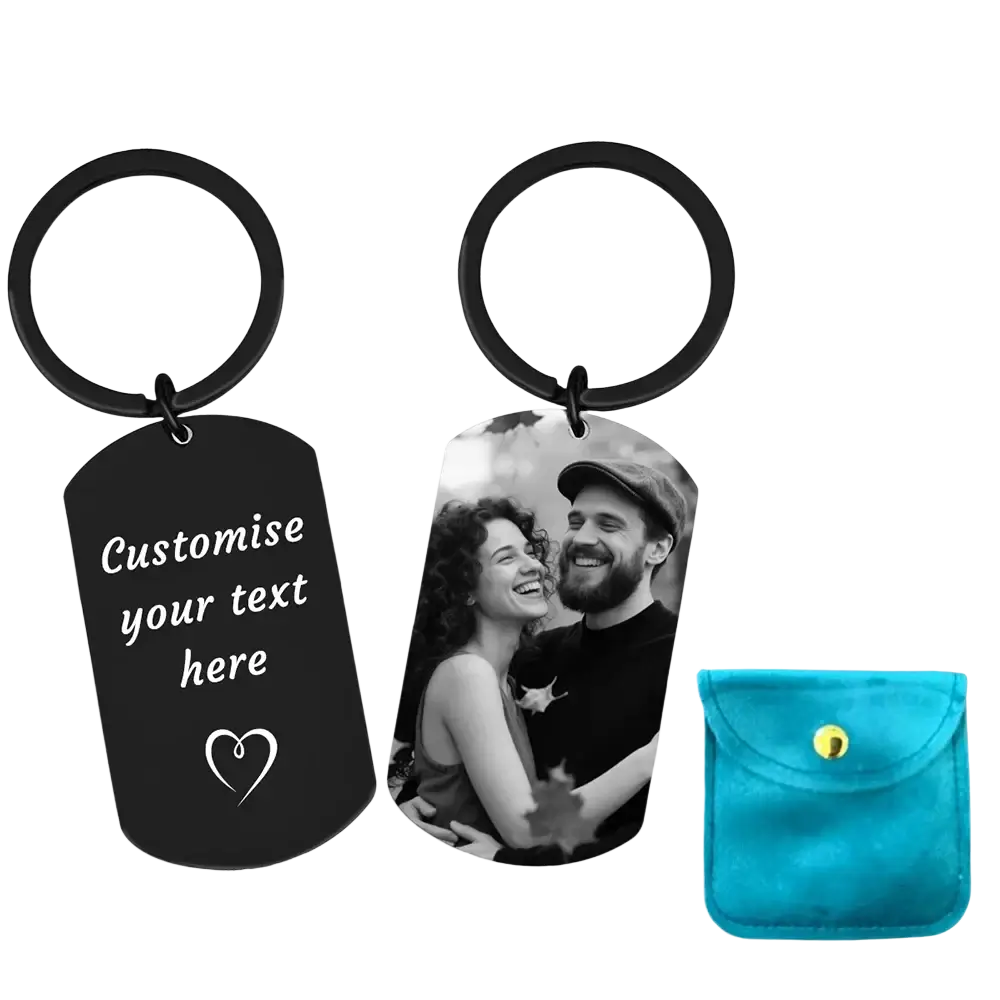 Custom photo keychain for couples black metal dog tag with heart design and customizable text featuring smiling couple photo