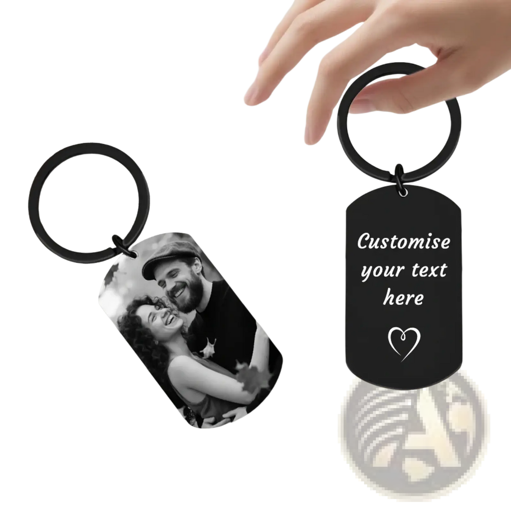 Black metal dog tag keychain with customizable photo or text engraving for couples gift