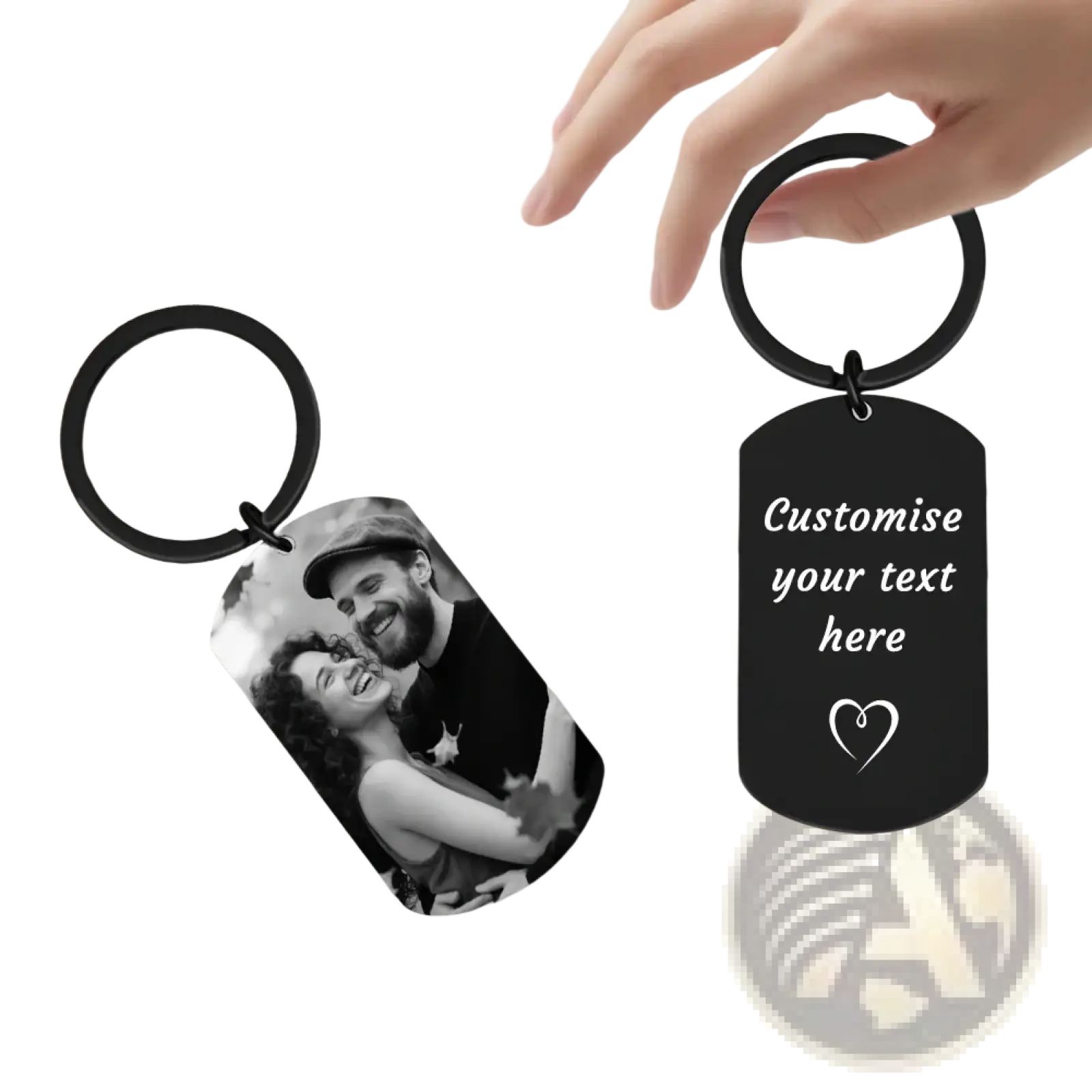 Black metal dog tag keychain with customizable photo or text engraving for couples gift