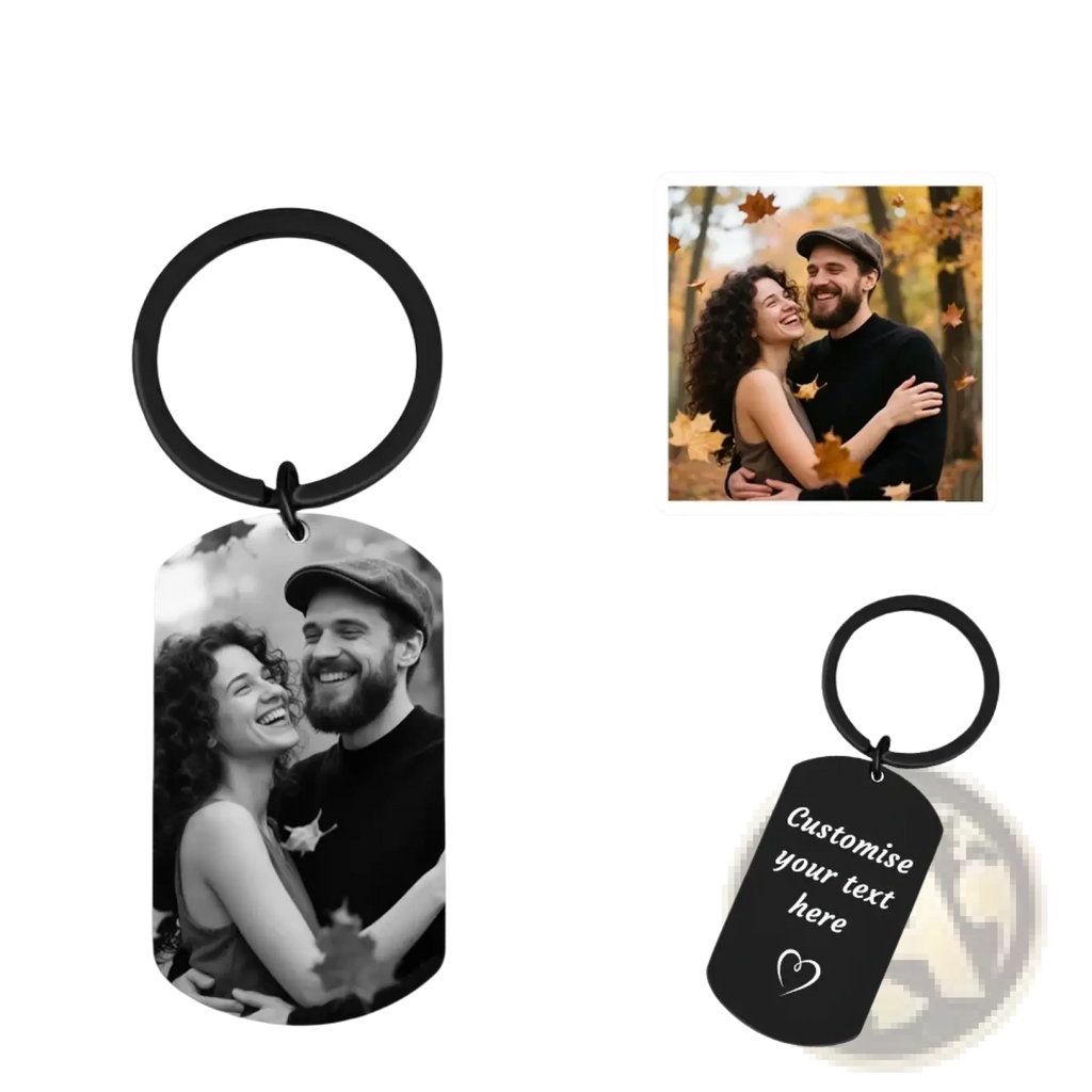 Black metal dog tag keychain with personalized photo and engraved text for couples custom photo keychain