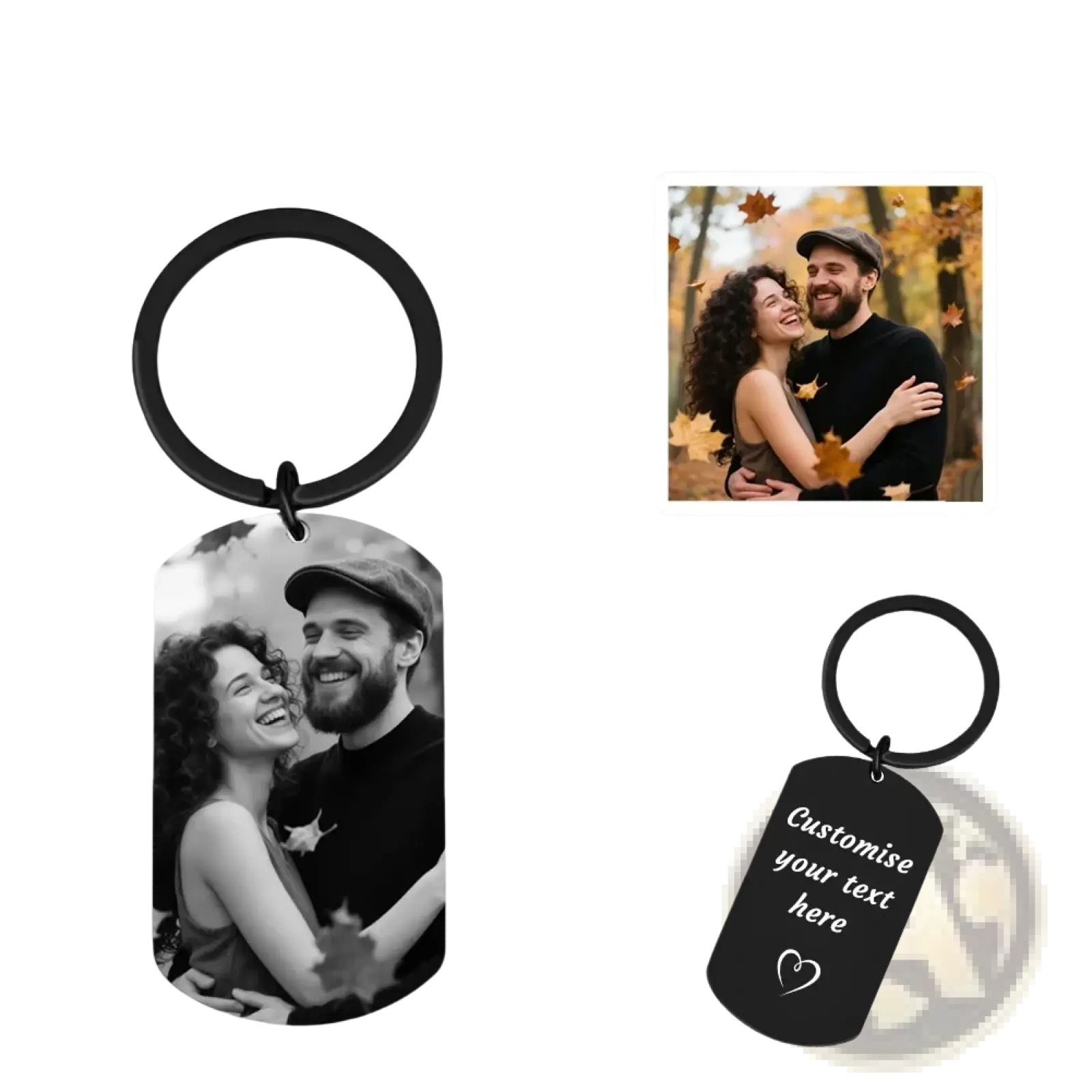 Black metal dog tag keychain with personalized photo and engraved text for couples custom photo keychain