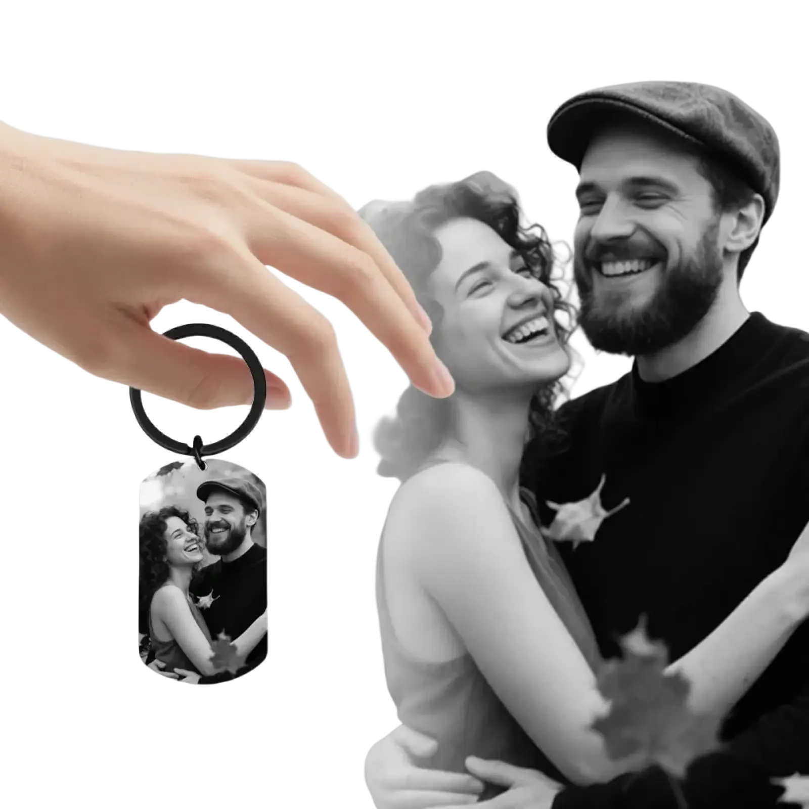 Black metal dog tag keychain featuring a personalized photo of a smiling couple for custom photo keychain for couples