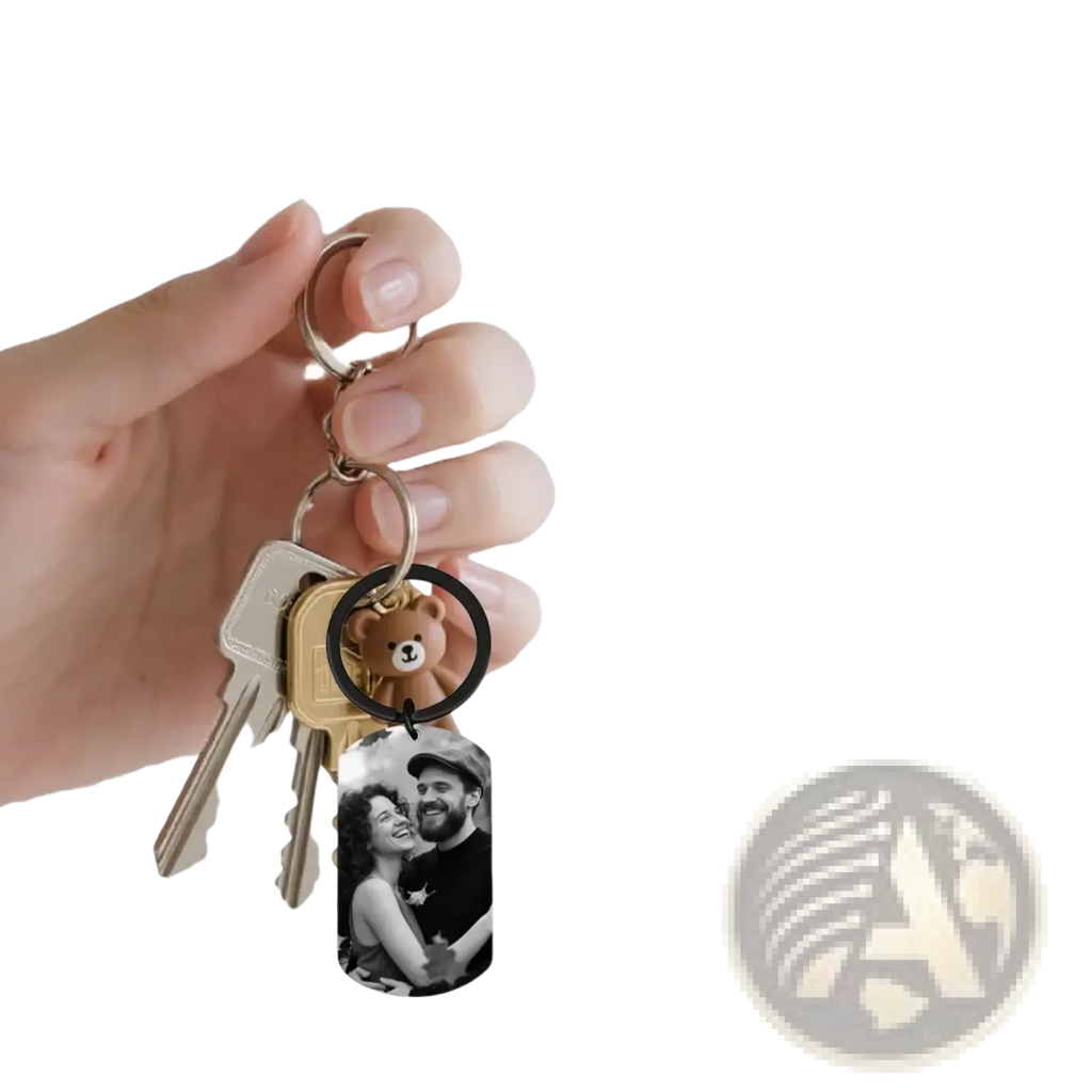 Custom photo keychain for couples featuring a black and white image on stainless steel dog tag with bear charm