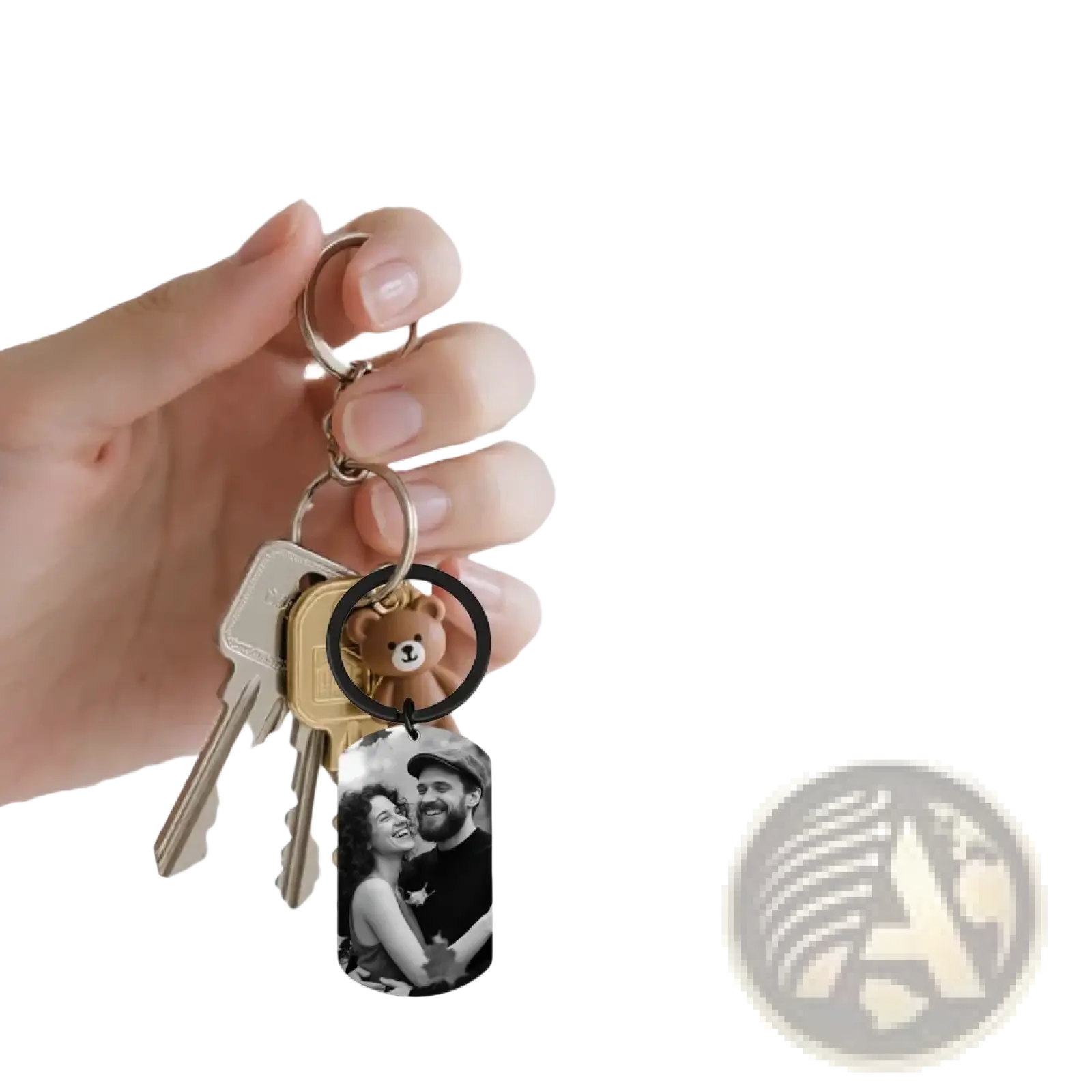 Custom photo keychain for couples featuring a black and white image on stainless steel dog tag with bear charm