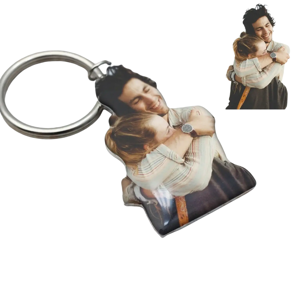 Custom photo keychain featuring a glossy acrylic printed image of a man and child embracing in full color