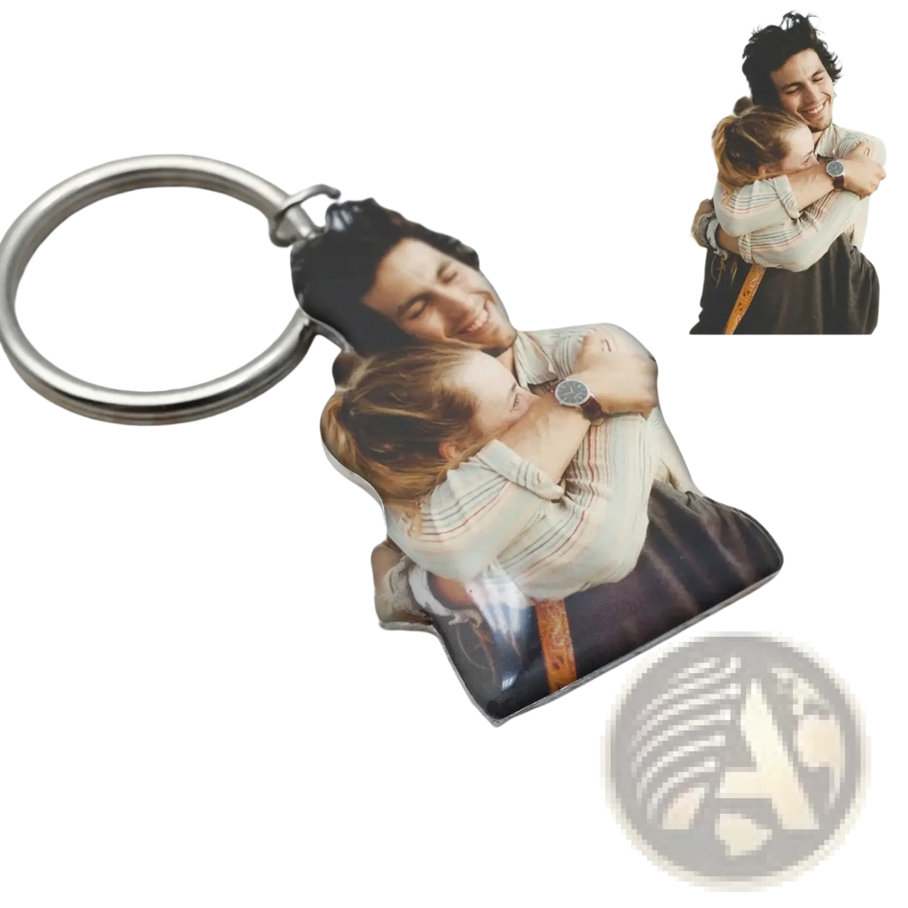 Custom photo keychain featuring a glossy acrylic printed image of a man and child embracing in full color