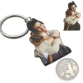 Custom photo keychain featuring a glossy acrylic printed image of a man and child embracing in full color