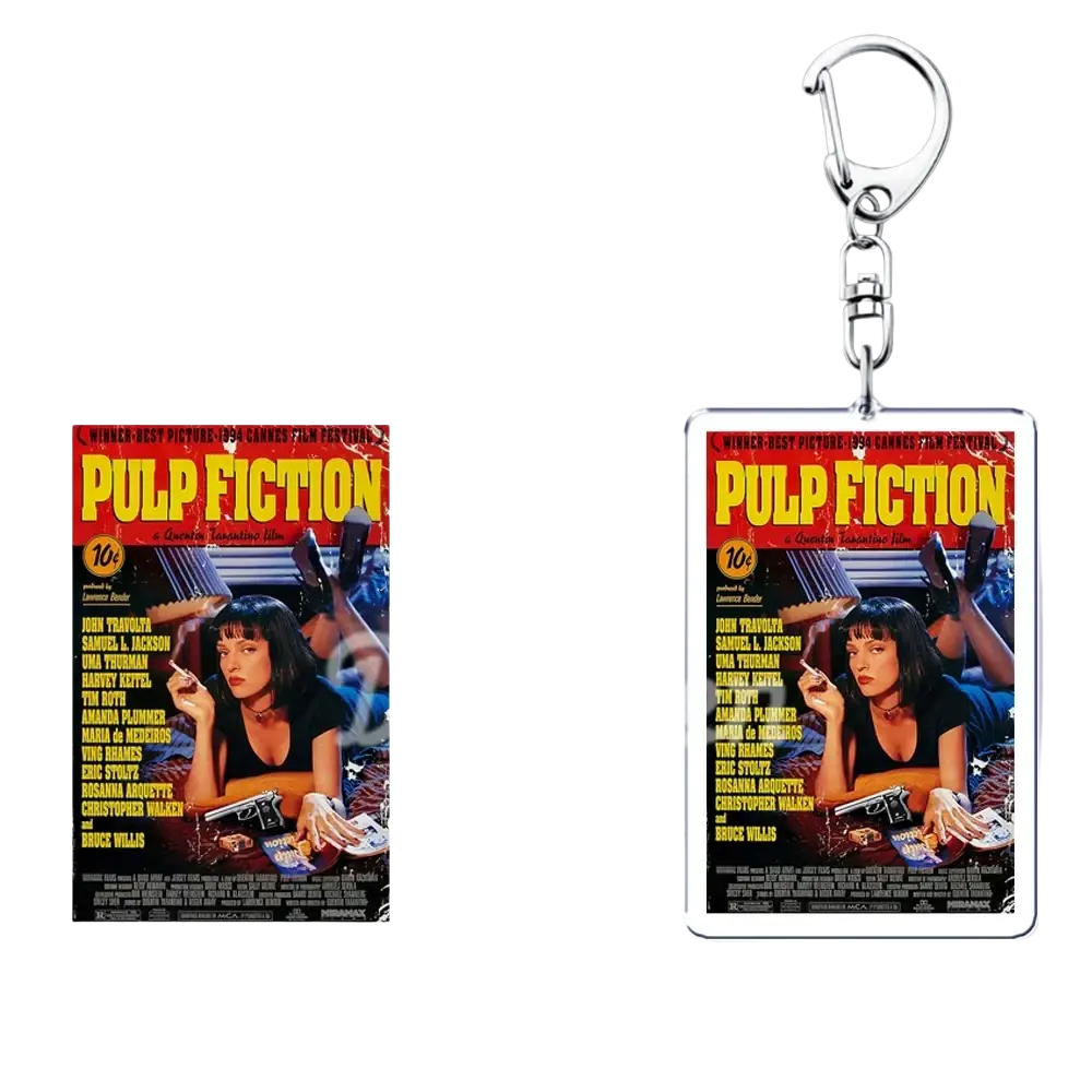 Clear acrylic custom photo keychain with pulp fiction movie poster design and silver metal clasp for personalized use