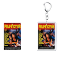 Clear acrylic rectangular custom photo keychain with pulp fiction movie poster design and uma thurman imagery