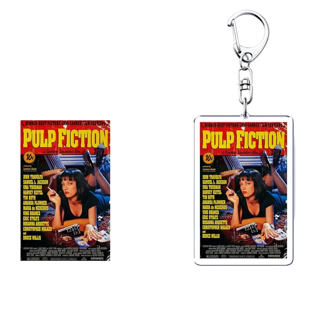 Clear acrylic rectangular custom photo keychain with pulp fiction movie poster design and uma thurman imagery