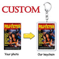 Clear acrylic rectangular custom photo keychain with pulp fiction movie poster design and uma thurman imagery