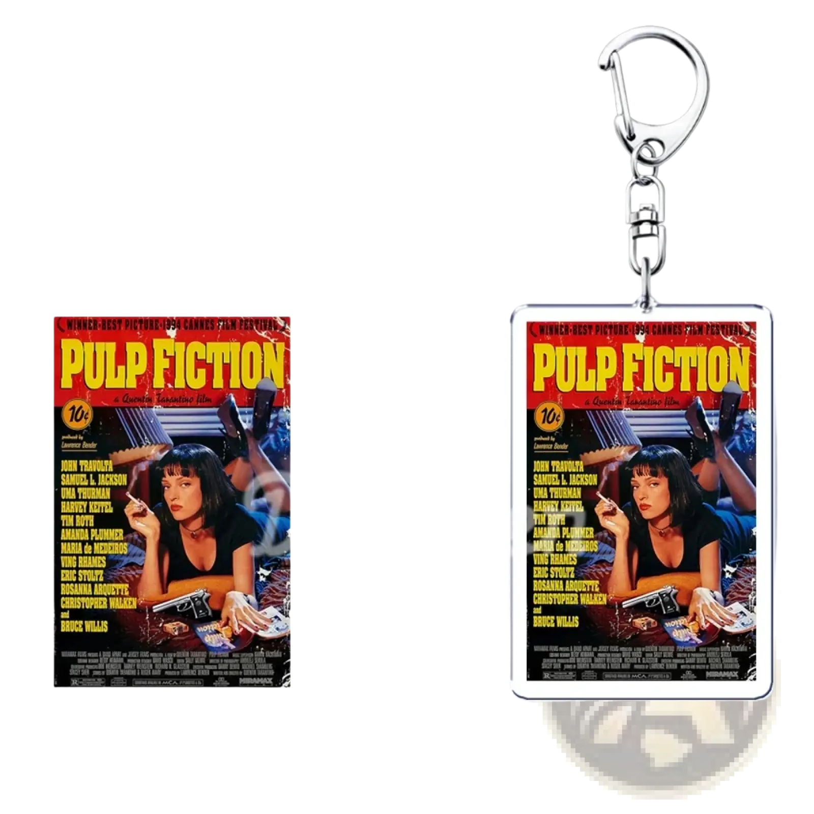 Clear acrylic custom photo keychain with pulp fiction movie poster design and silver metal clasp for personalized use