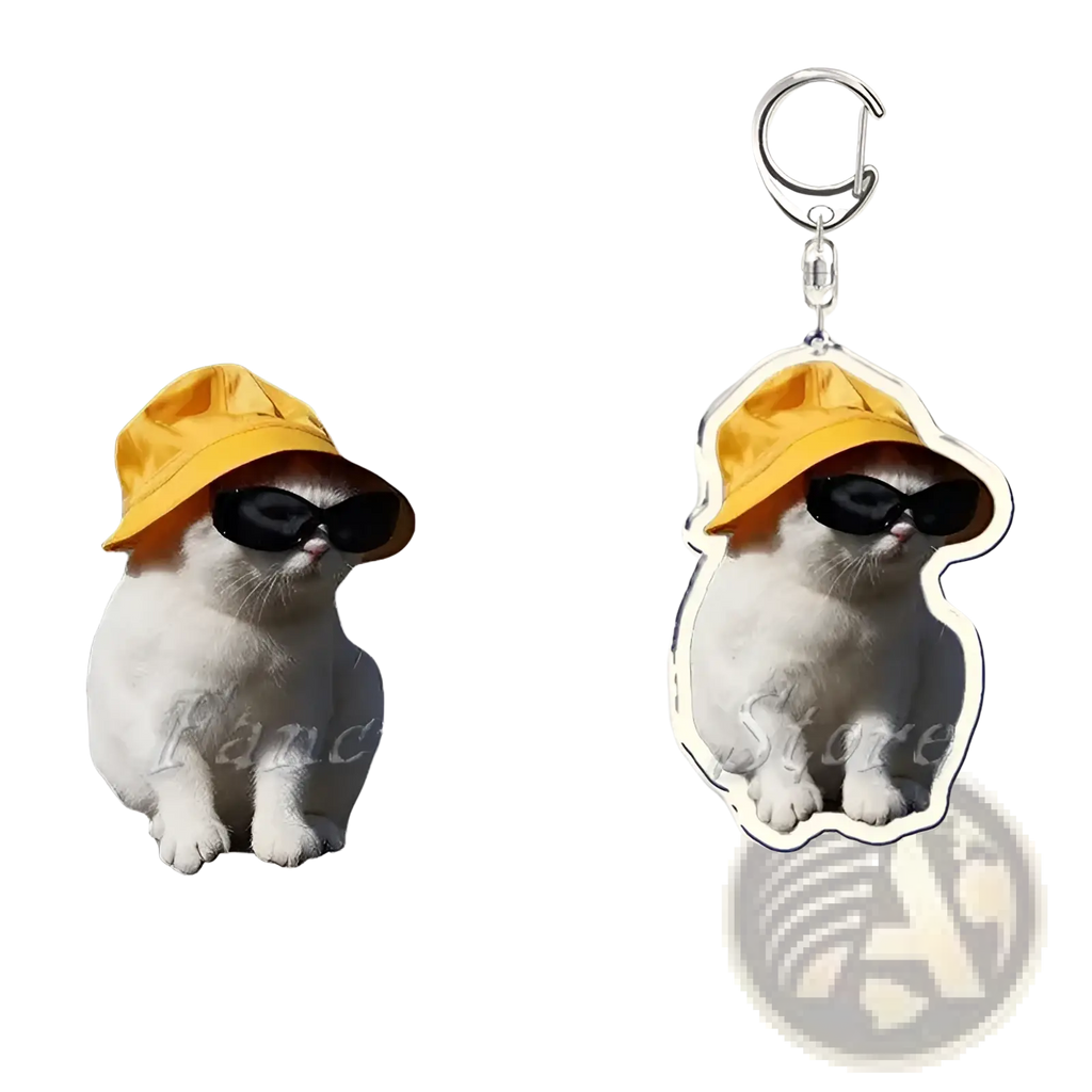 Clear acrylic custom photo keychain featuring a white cat wearing a yellow bucket hat and black sunglasses
