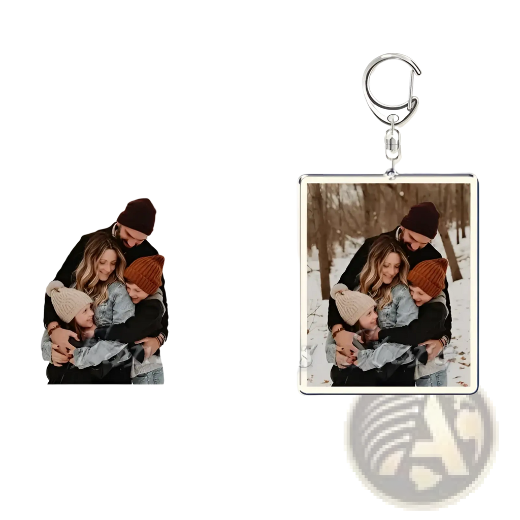 Silver-framed rectangular custom photo keychain with a personalized family winter image printed on metal keyring