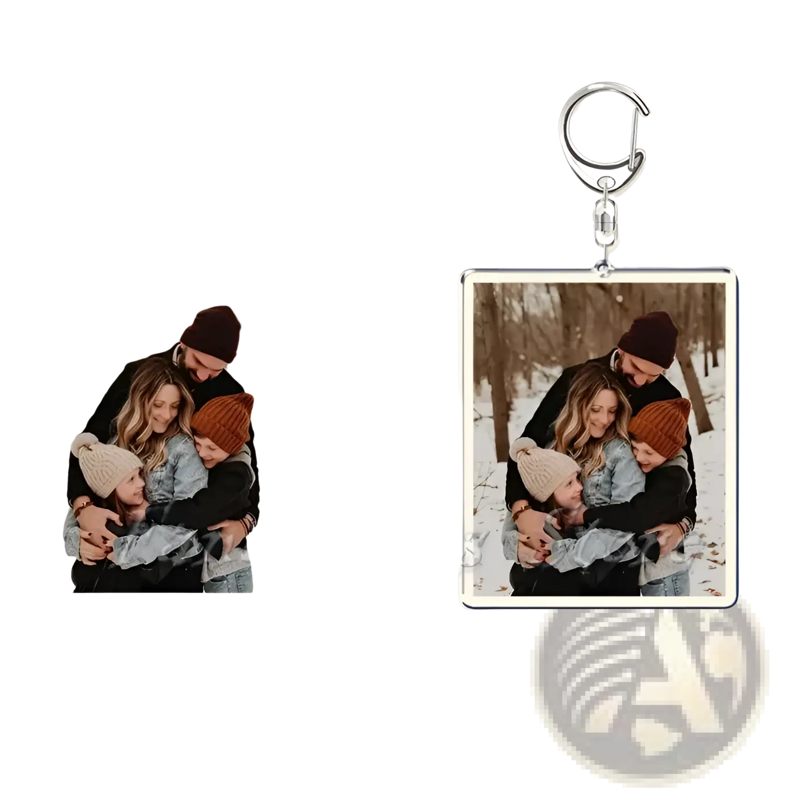 Silver-framed rectangular custom photo keychain with a personalized family winter image printed on metal keyring
