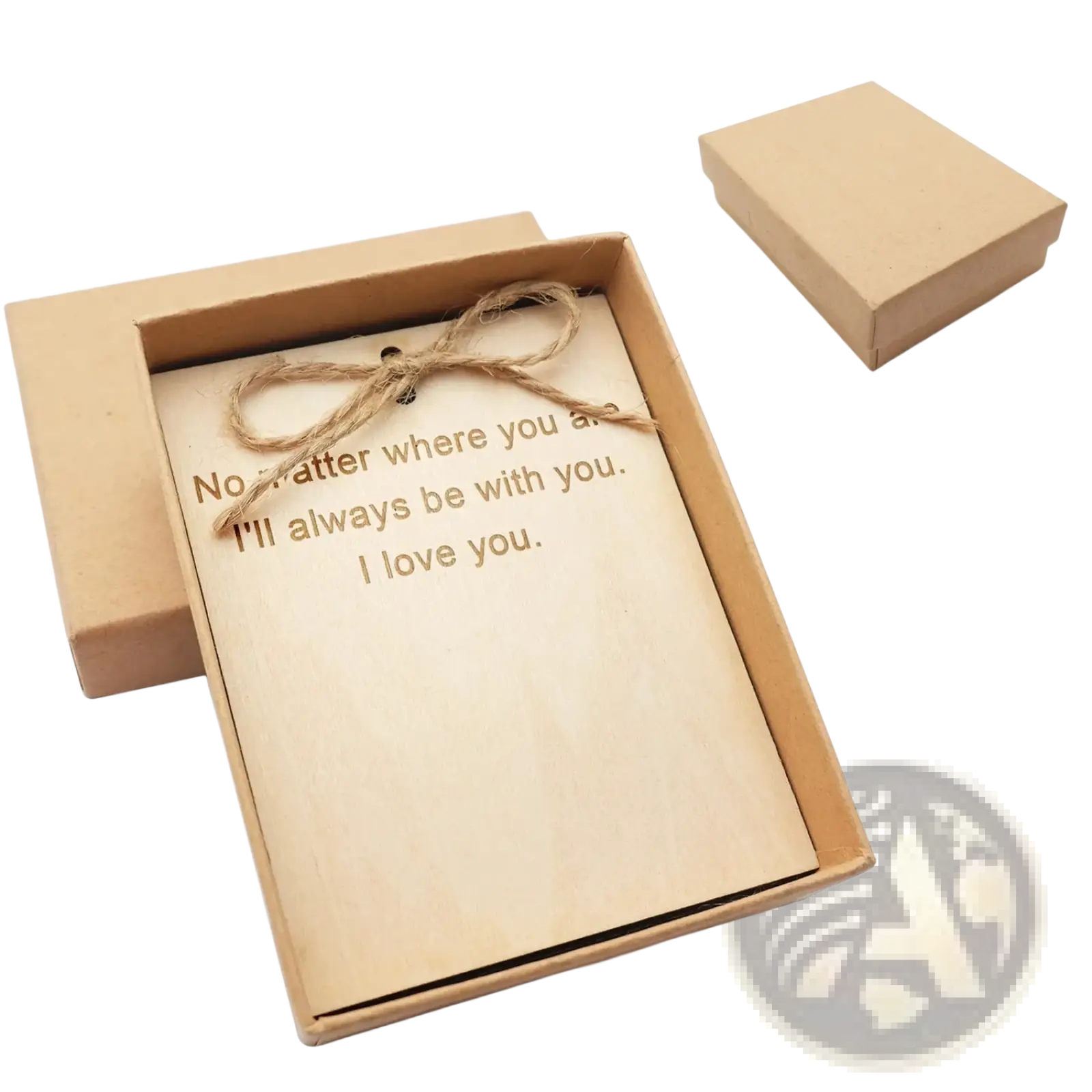 A light brown wooden plaque with engraved text and rustic twine bow for a custom photo keychain keyring