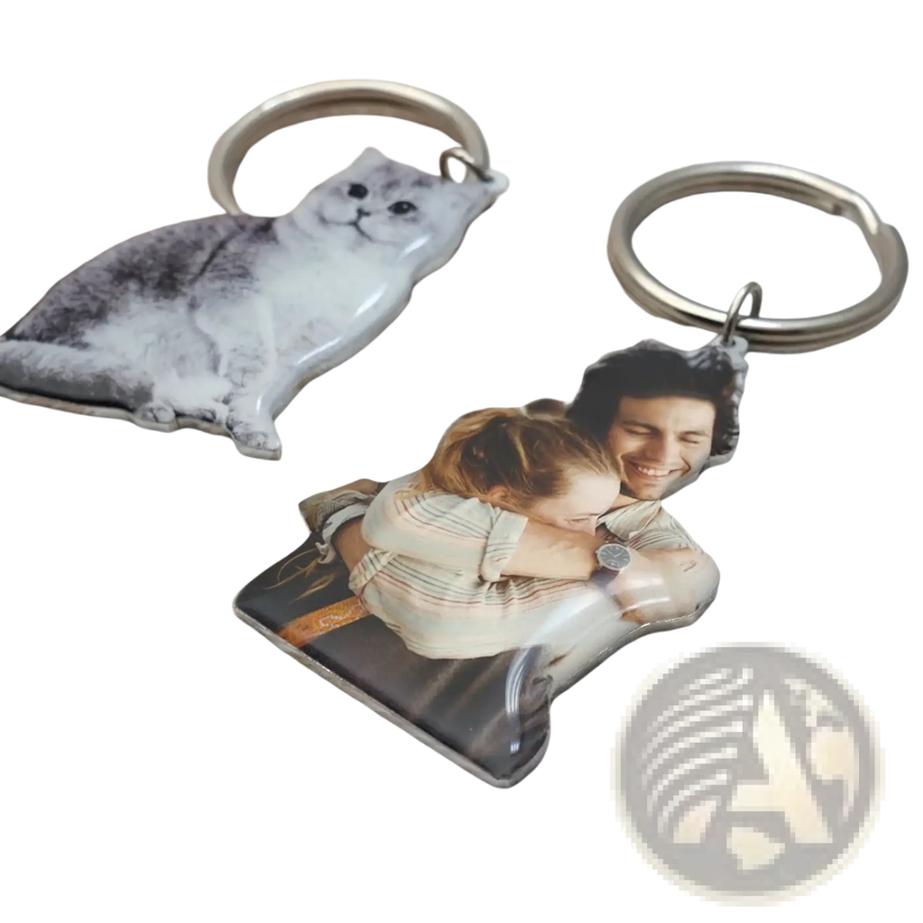 Personalized photo keychain with a printed image of two people embracing made from durable metal for custom use