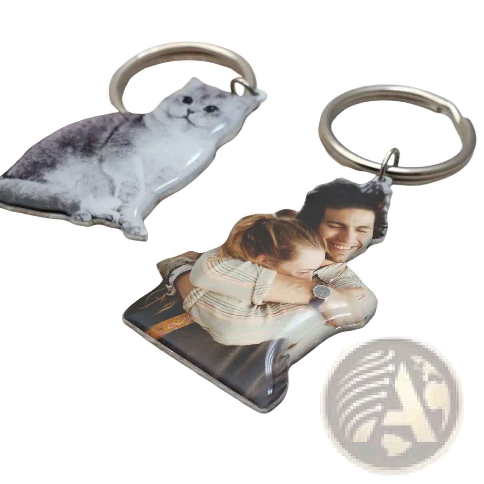 Personalized photo keychain with a printed image of two people embracing made from durable metal for custom use