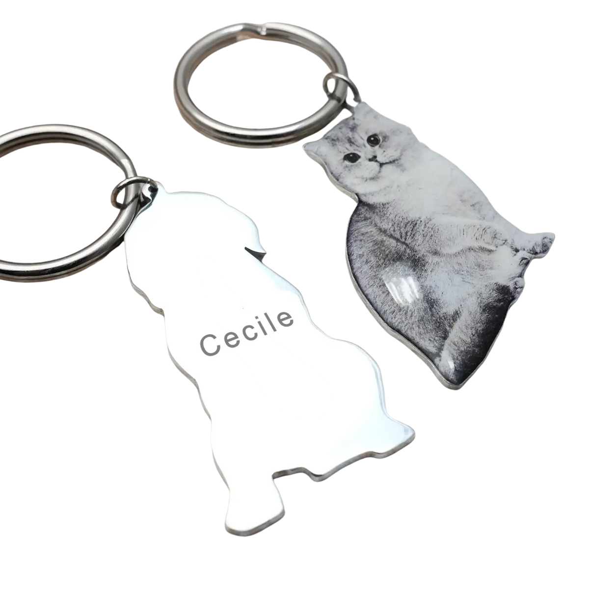 Silver custom photo keychain featuring a personalized pet silhouette with name cecile and grayscale cat photo