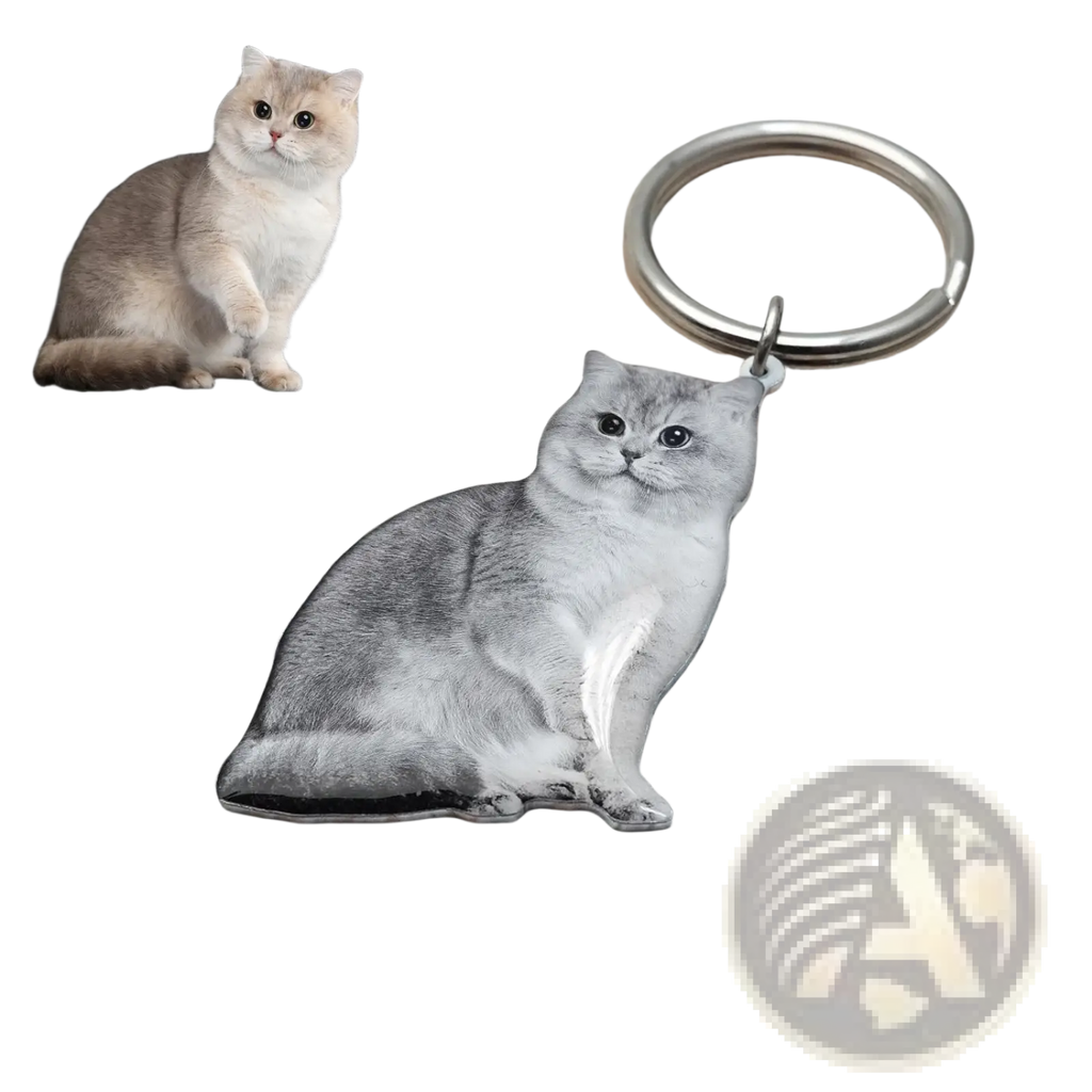 Silver-colored metallic custom photo keychain shaped like a sitting cat with detailed fur texture and expressive eyes