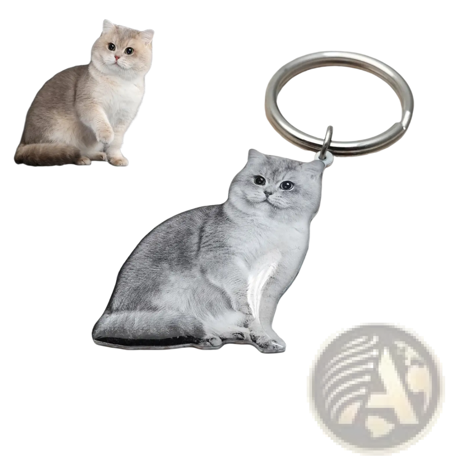 Silver-colored metallic custom photo keychain shaped like a sitting cat with detailed fur texture and expressive eyes