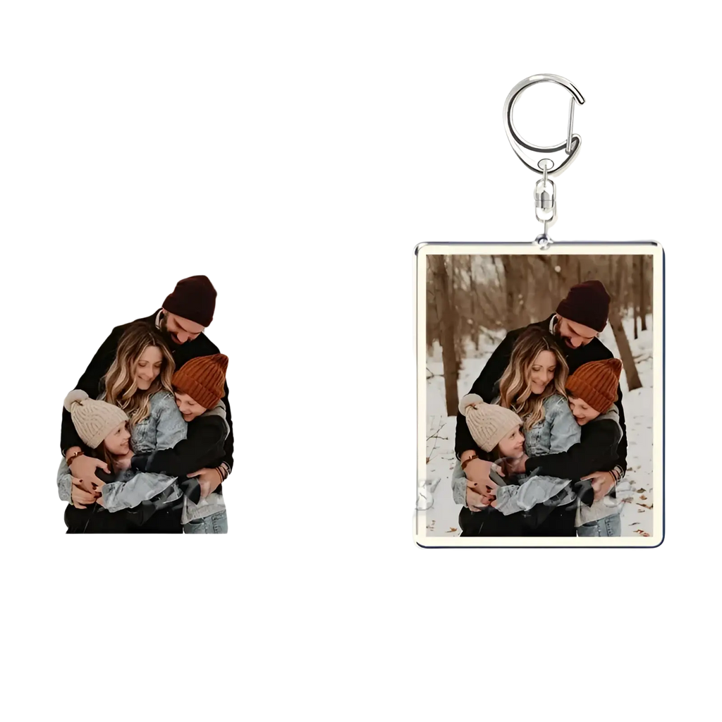 Silver-framed rectangular custom photo keychain with a personalized family winter image printed on metal keyring