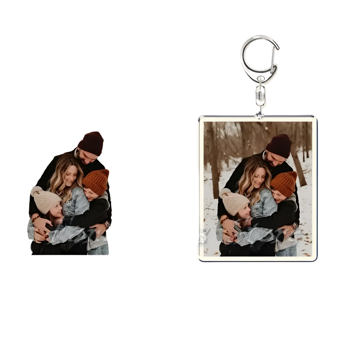 Silver-framed rectangular custom photo keychain with a personalized family winter image printed on metal keyring