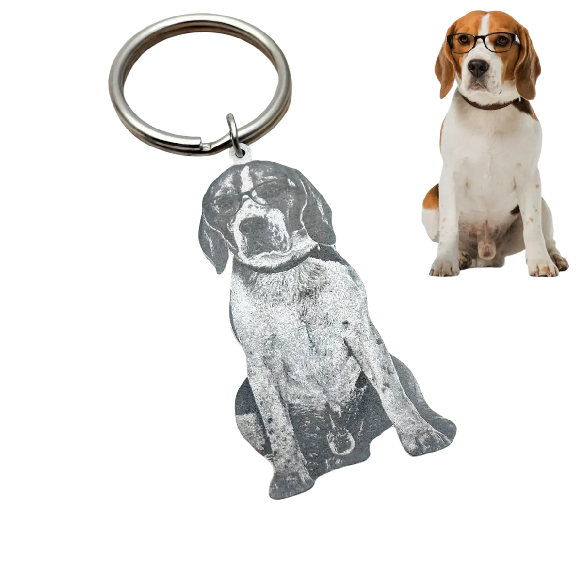 Silver metal keychain shaped like a beagle with an engraved portrait design for custom photo personalization