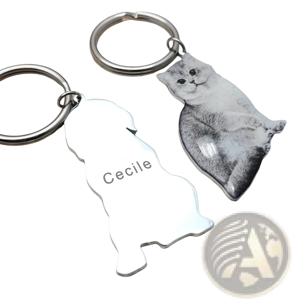 Silver custom photo keychain featuring a personalized pet silhouette with name cecile and grayscale cat photo
